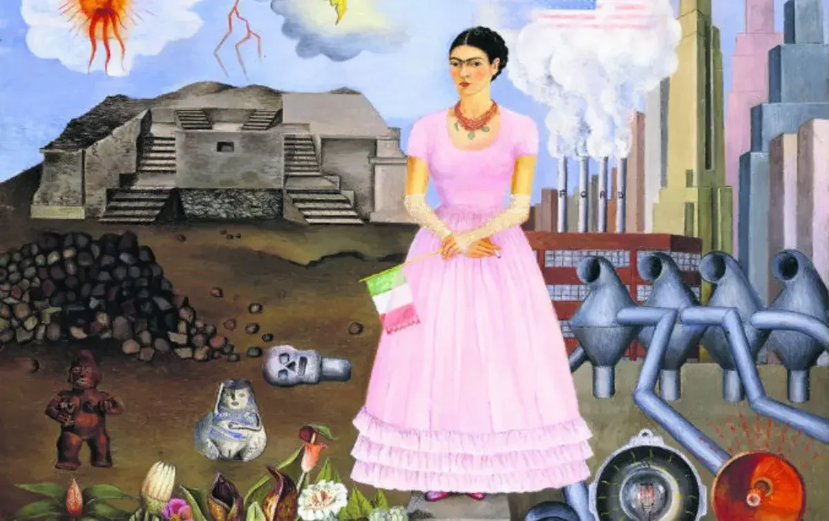 Frida Kahlo wearing a pink dress in a murial