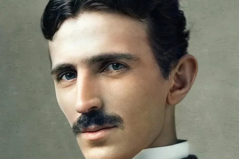 Colorized portrait image of Nikola Tesla