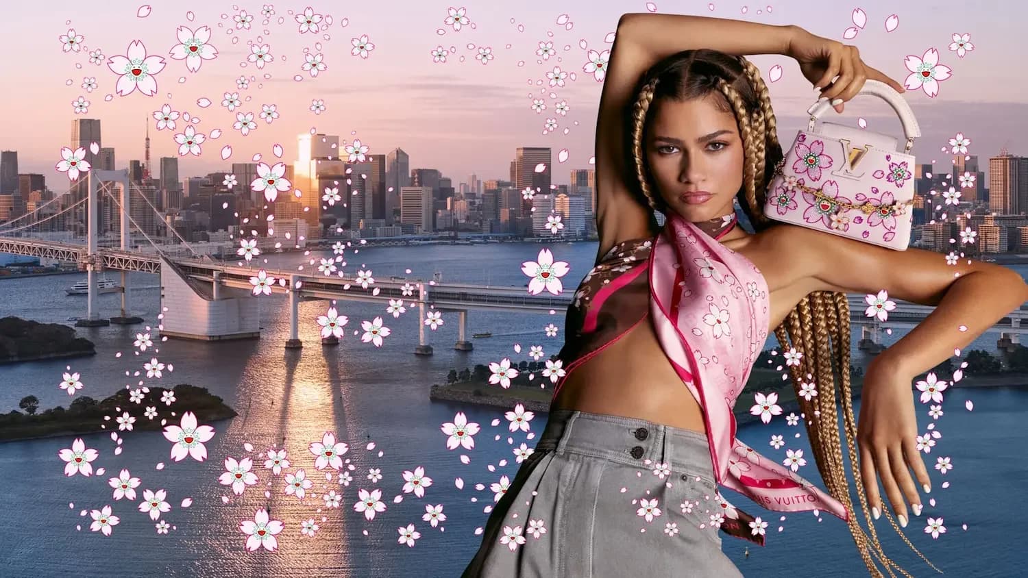 Zendaya against a city landscape with graphic flower overlay.