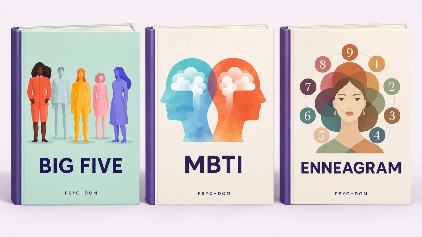 Three illustrated Psychdom books labeled Big Five, MBTI and Enneagram, with five figures, contrasting head profiles and a nine-type motif.