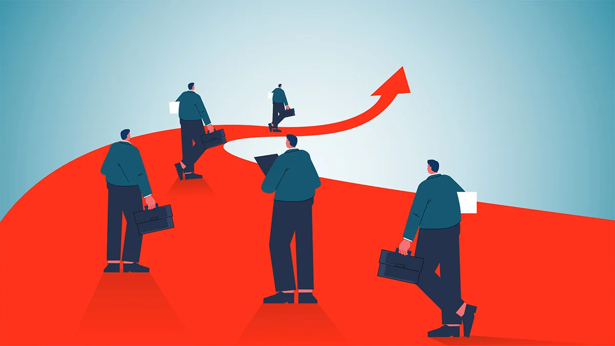 Illustrated professionals carrying briefcases along a red path that curves upwards into an arrow.