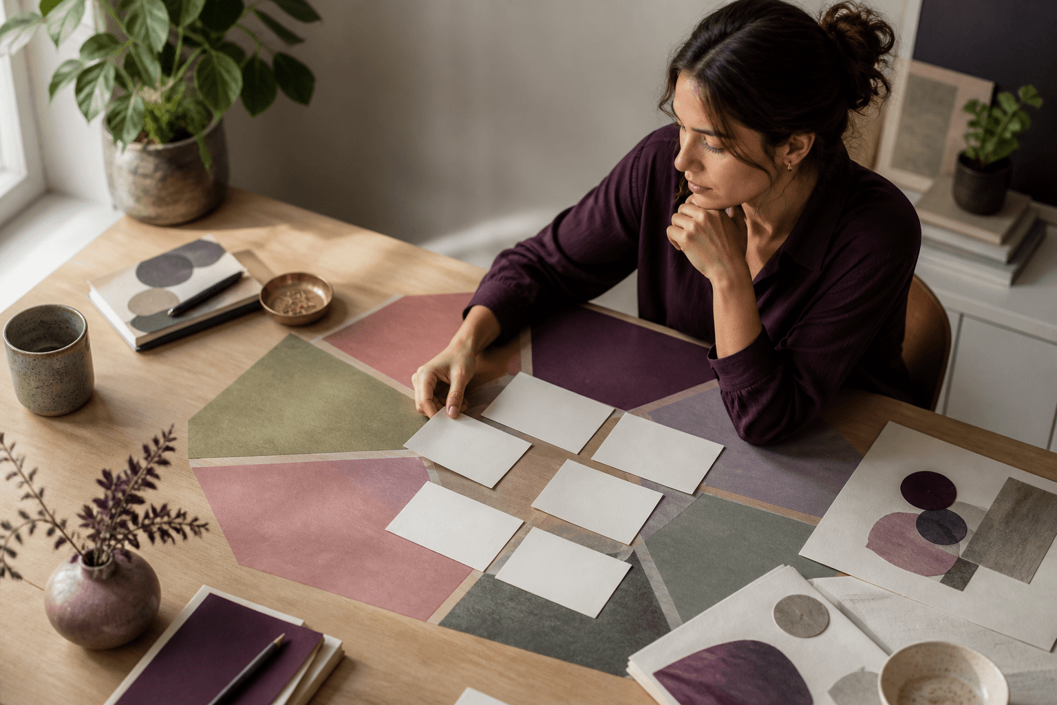 A professional comparing blank career direction cards across six colored pathways.