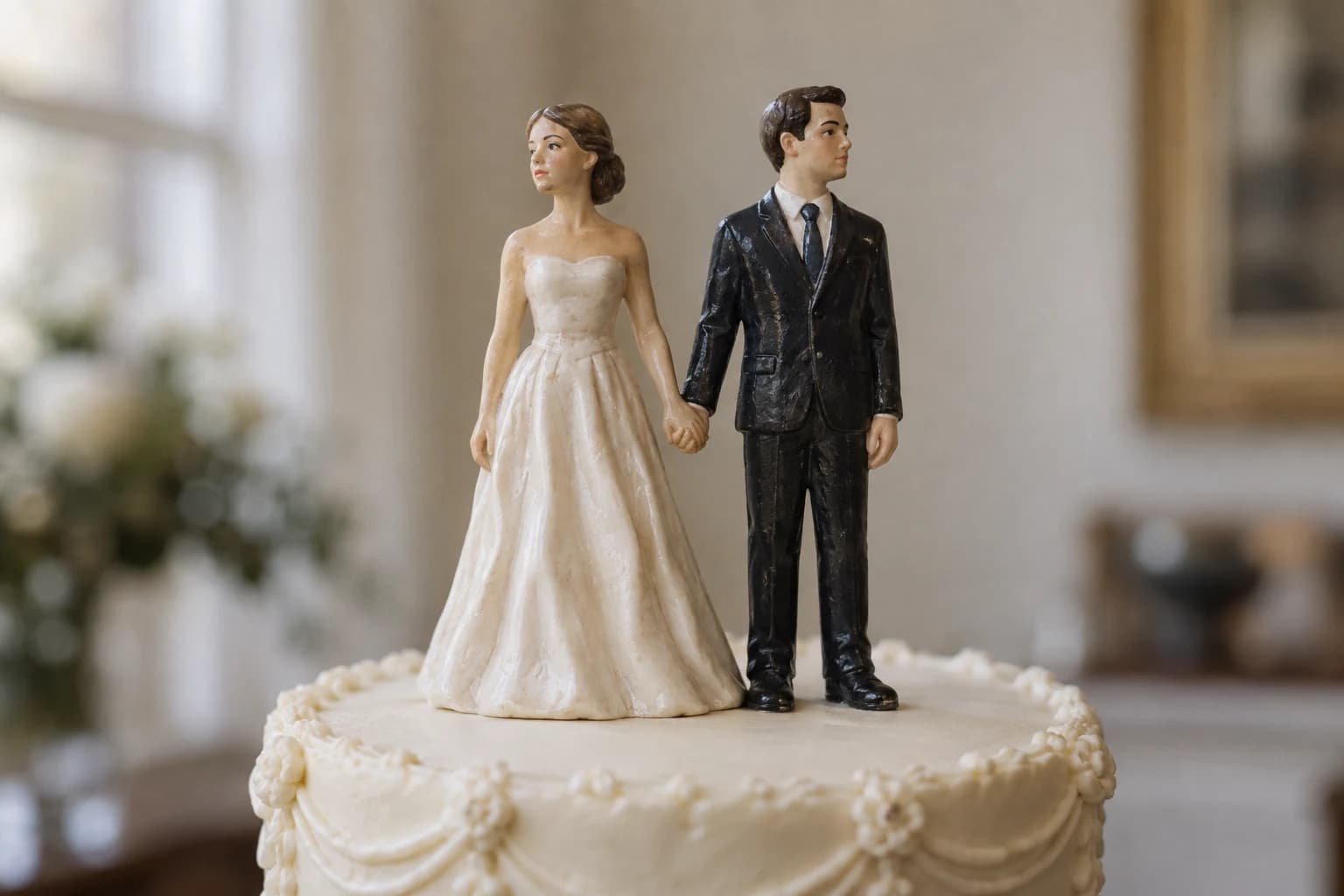Bride and groom cake-top figurines hold hands while looking away from each other.