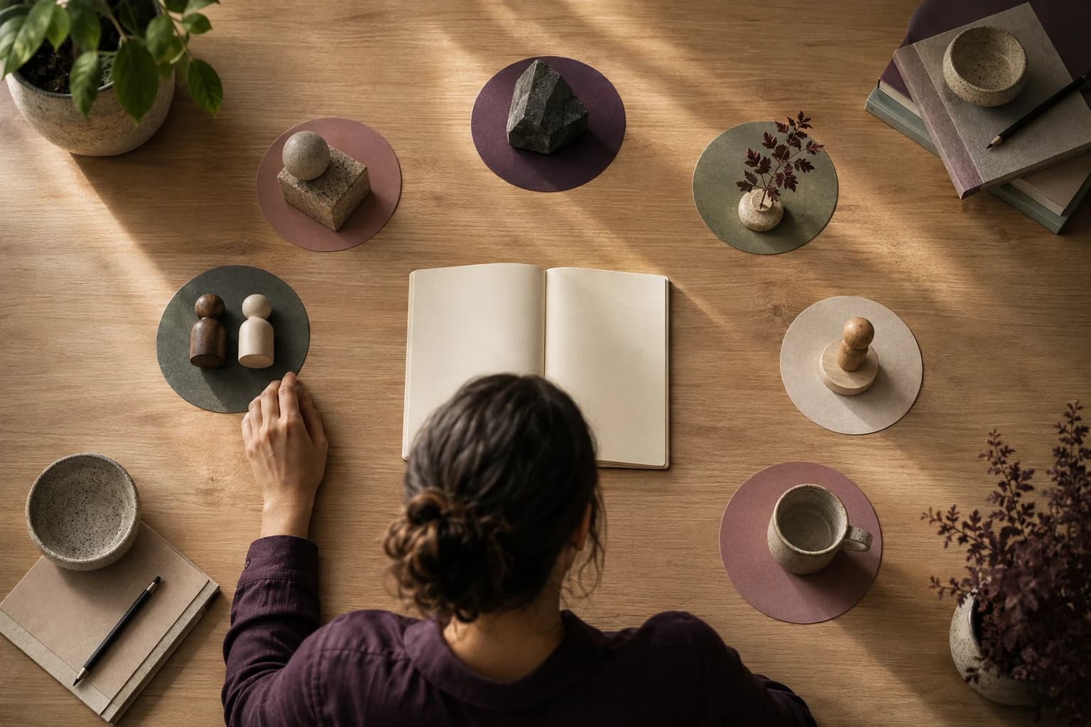 A professional arranging six distinct objects around an open notebook to compare different sources of fulfillment at work.