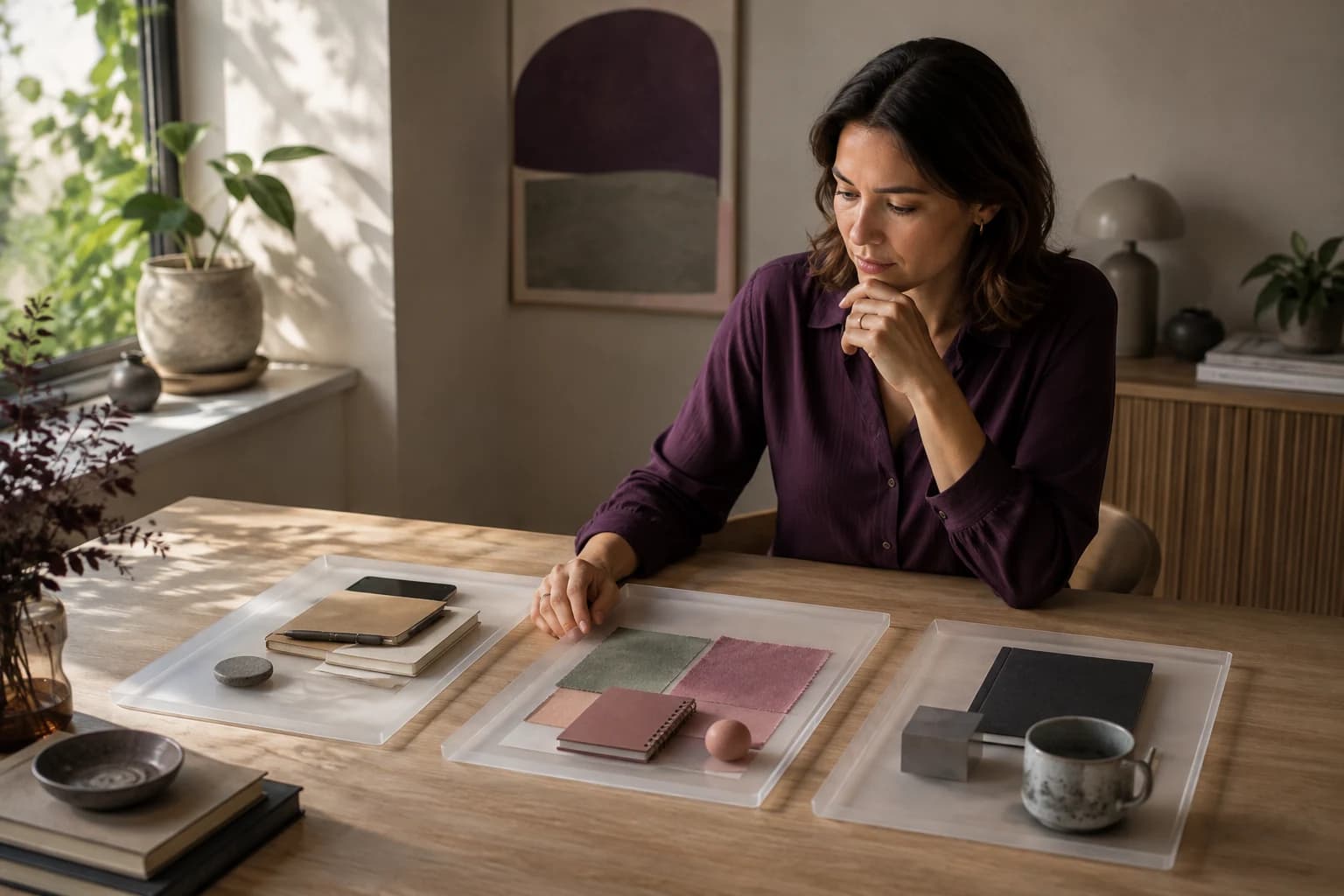 A professional thoughtfully comparing three separate groups of workplace objects to locate the source of dissatisfaction.