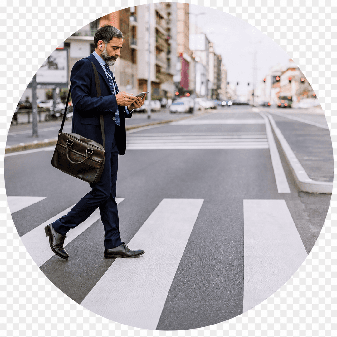 Professional crossing a city intersection