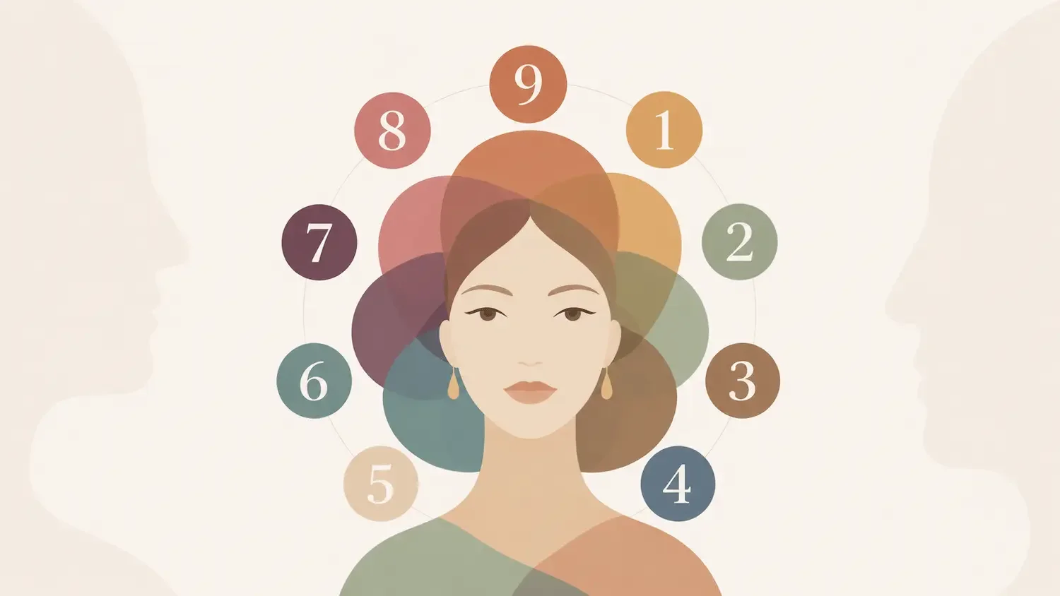 Woman surrounded by the nine numbered Enneagram personality types