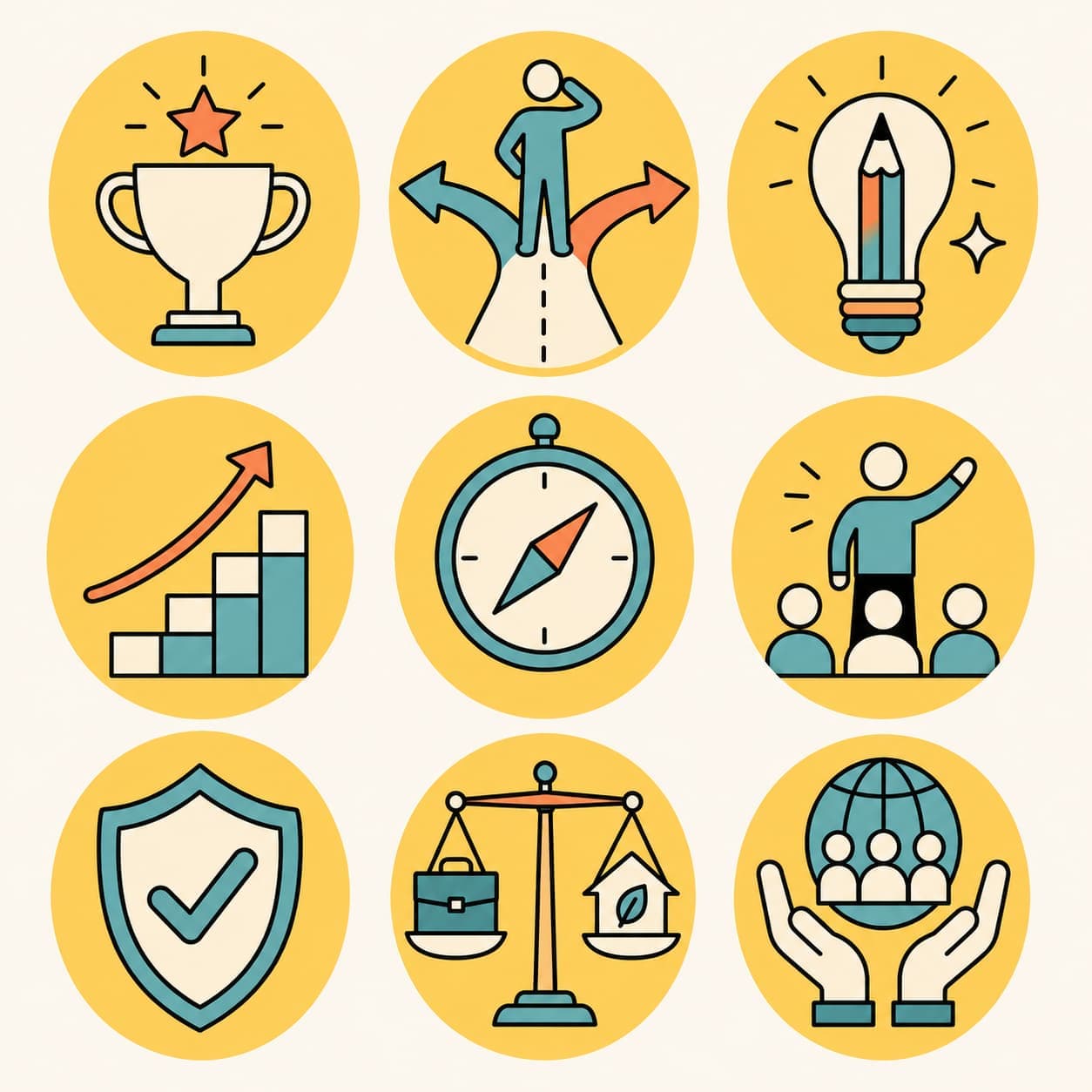 Illustrated symbols for achievement, direction, ideas, growth, support, balance, and people
